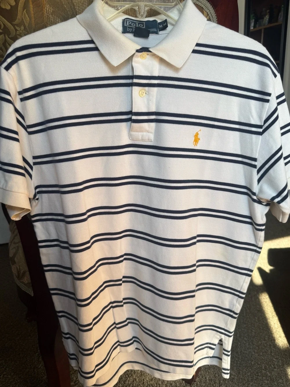 Polo by Ralph Lauren White Polo with Navy Stripes and Yellow Pony